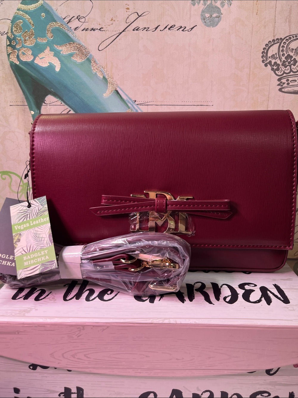 Badgley Mischka Wine Red Vegan Leather Crossbody with Bow Accent 10x6x3